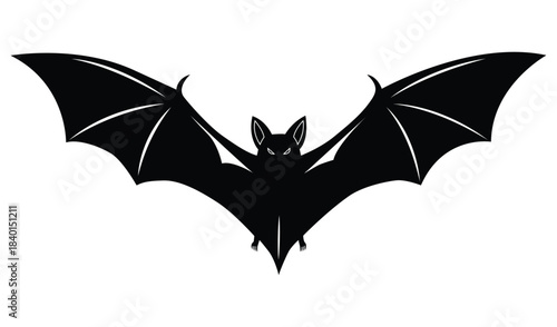 Black silhouette of a bat with wings spread wide against a white background