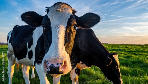 Close-up of a black & white cow in a green field against a blue sky with wispy clouds at sunset