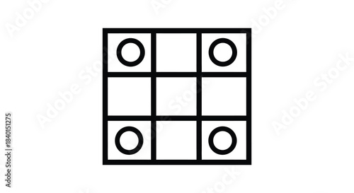 a black square grid with four empty circles inside a minimalist graphic design silhouette