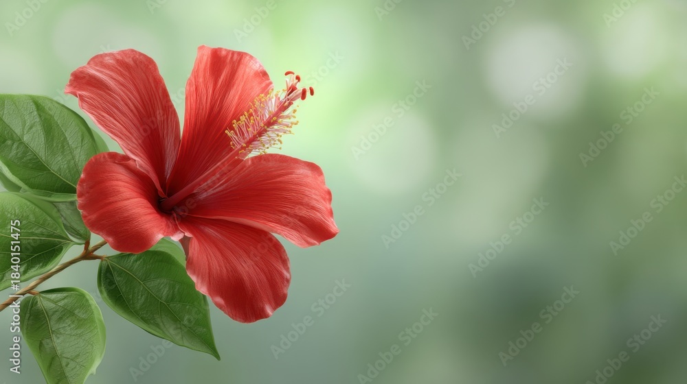 Fototapeta premium Bright Red Hibiscus Flower With Green Leaves Against A Soft Focus Background Ideal For Nature, Garden, And Floral Theme Designs