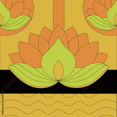 Photography Vibrant illustration of lotus flowers in shades of orange and green on a yellow