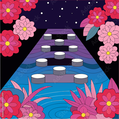 Vibrant illustration of a serene nighttime scene with a pathway of candles floating on water surrounded by colorful flowers and lush greenery under a starry sky