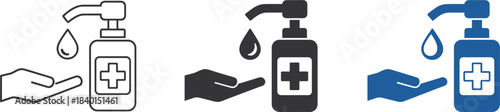 Hand Sanitizer Bottle and Droplet Icons Three Variations dispenser pump