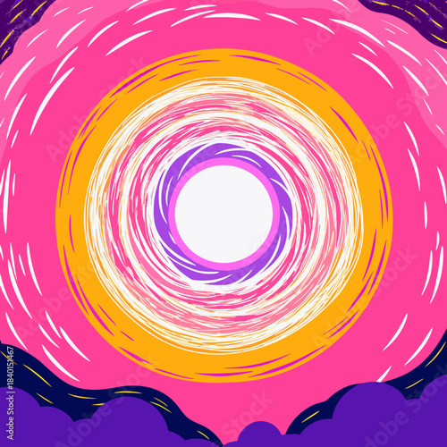 Vibrant abstract illustration of a swirling colorful tunnel with white center and pink, orange, purple hues in a dynamic circular motion