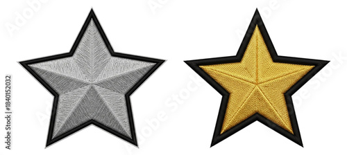 Golden and silver embroidered five-pointed stars isolated