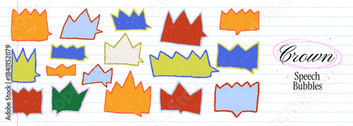 Crown speech bubbles drawn with bold crayon lines. Funky childish blank dialogue balloons for text. Grunge note shapes with pencil chalk texture. Vector comic doodle emphasis text boxes.