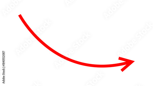 Long curved red arrow falling downward direction concept of stock market business crash, financial loss, business downfall sign. Moving down arrow pointing down direction. Vector illustration.