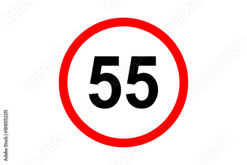 Road and street sign maximum speed 55 on red bordered white circle. Vehicles or traffic speed limit highway, expressway notice symbol 55 km per hour. Vector illustration.
