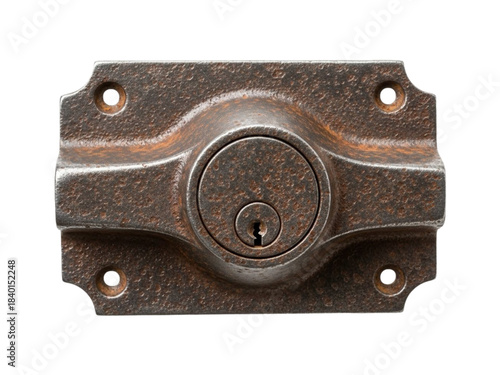 Rusted vintage cast iron door lock mechanism on black, isolated