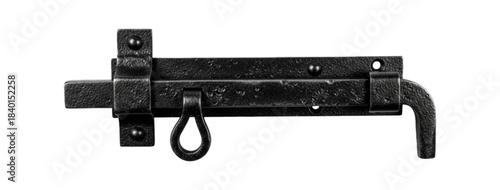 Antique black wrought iron barn door bolt latch isolated