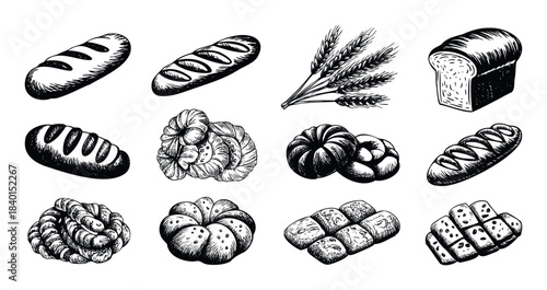 Collection of diverse handdrawn baked goods and wheat stalks perfect for bakery menus, food blogs, and culinary inspiration projects