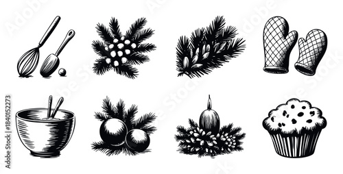 Collection of black and white sketches featuring kitchen utensils, festive decorations and baked goods for holiday baking and seasonal celebrations