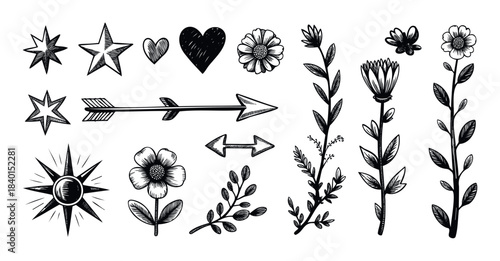 Collection of handdrawn decorative elements including stars, hearts, arrows, and floral motifs for graphic design and scrapbooking projects