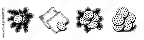 Whimsical handdrawn collection of cookies with pine branches and napkins for festive holiday season celebration and foodrelated projects