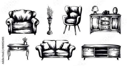 Vintage furniture collection including sofas, armchairs, tables, and cabinets in a classic sketch style perfect for interior design concepts and home decor themes