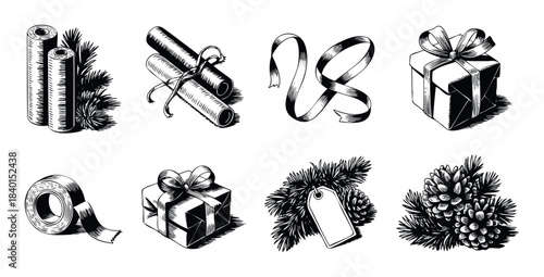 Collection of festive holiday and gifting items including pine cones, pine branches with tag, gift boxes, ribbon, rolls, and tape for seasonal promotion and packaging.