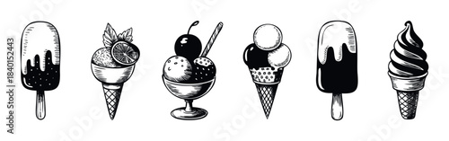 Collection of black and white handdrawn ice cream treats, including popsicles and cones, perfect for summer menus and cool refreshment promotions.