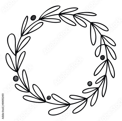 Black and white outline of a delicate wreath with leaves and berries, perfect for elegant invitations, seasonal greetings, and natural wedding celebrations.