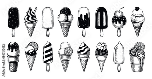 A delightful collection of handdrawn ice cream cones and popsicles perfect for summer promotions and foodrelated projects, offering a variety of sweet frozen treats.