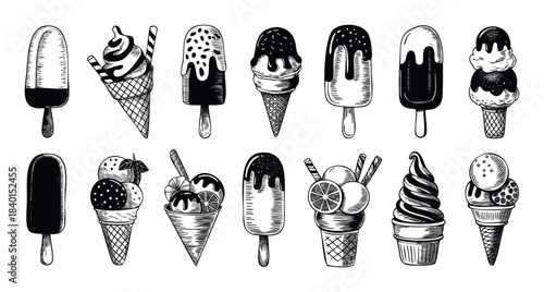 A collection of black and white handdrawn ice cream and popsicle treats, perfect for summer marketing and foodrelated promotions.