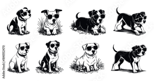 A diverse collection of pit bull dogs wearing cool sunglasses, perfect for petrelated campaigns and graphic projects.