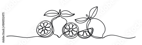 Continuous line drawing of fresh lemons with leaves and slices, symbolizing natural freshness and healthy eating, perfect for food and beverage marketing materials