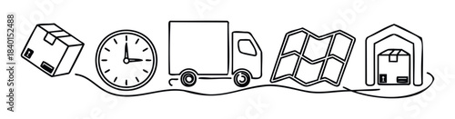 Shipping and delivery concept with boxes, clock, truck, map and warehouse for logistics business operations and global supply chain management applications