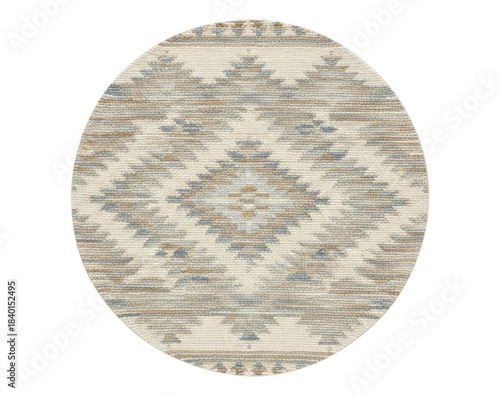 Round woven rug with neutral geometric pattern in beige and gray isolated.