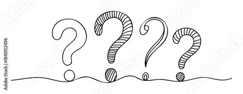 Four hand drawn question marks with decorative dots and wavy lines suggest inquiry and contemplation for use in educational or abstract messaging materials