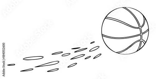 Dynamic black outline of a basketball in motion with motion blur trails, perfect for sports media and active lifestyle promotions.