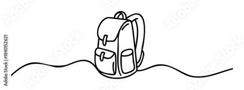 Simple continuous line drawing of a backpack standing on wavy ground, perfect for school or travel themes and graphic assets.
