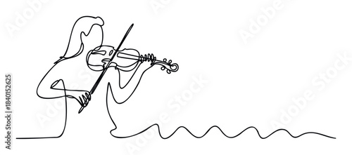 One line drawing of a person playing the violin, representing music performance, classical concert, and the joy of creating melodies, perfect for media and promotional use.