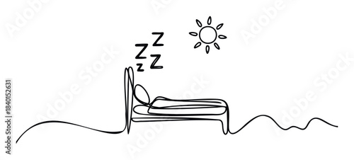 Simple line drawing of a person sleeping soundly in bed with ZZZs and a sun, representing rest and wakefulness, perfect for health and wellness concepts