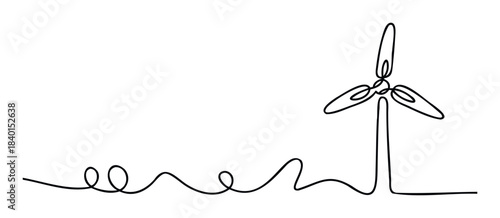 Single continuous line drawing of a wind turbine with swirling line representing wind, perfect for themes of renewable energy and sustainable power generation for web and print media.