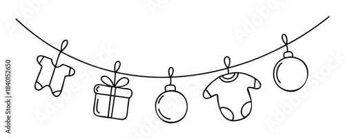 Cute baby clothes and festive ornaments strung on a line, perfect for celebrating a newborns first holiday or baby shower invitations.