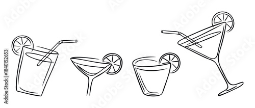 Collection of stylized line art cocktails with citrus slices and straws, perfect for menus, social media, and beverage promotions.