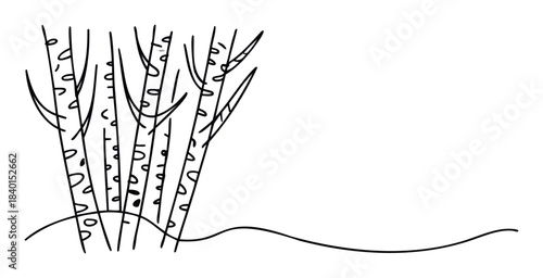Minimalist line drawing of birch trees emerging from wavy ground, perfect for nature themes and organic branding.