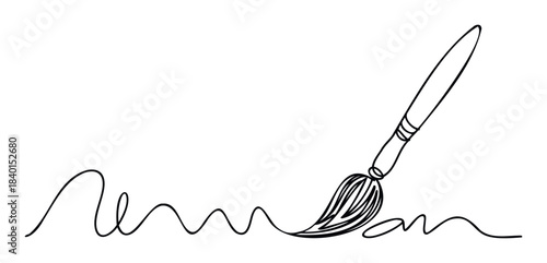 One line drawing of a paintbrush creating a wavy line of ink, symbolizing creativity and the process of making art, perfect for use in graphic design and media projects