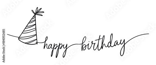Hand drawn minimalist line art of a party hat and cursive text wishing a happy birthday, perfect for greeting cards, invitations, and celebration graphics.