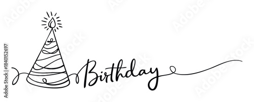 Hand drawn birthday party hat and script text celebrating a special occasion, perfect for party invitations, greeting cards, and festive decorations.