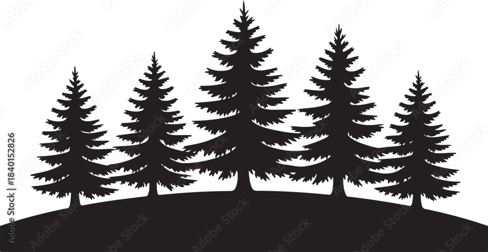 Obraz premium Silhouette conifers stand together on a low hill against a stark white backdrop