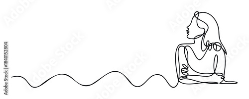 Continuous line drawing of a profile view of a woman with long hair and arms crossed, conveying a sense of contemplation or calm, perfect for wellness and lifestyle applications.