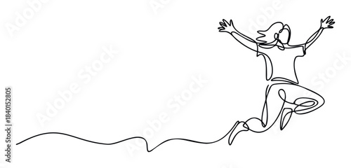 Joyful person jumping with open arms in a fluid line art style, symbolizing freedom and celebration, perfect for energetic themes and motivational projects