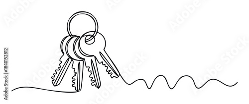 Continuous line drawing of a bunch of keys on a keyring with a wavy line extending to the right, symbolizing access and security for your projects.