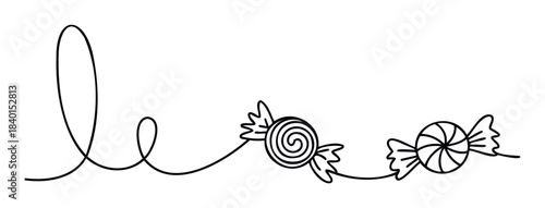 Simple line drawing of a flowing strand connecting two wrapped candies for confectionery celebration or sweet treat decoration applications