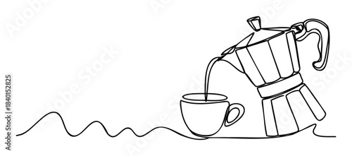 Continuous line drawing of a moka pot pouring coffee into a cup, perfect for beverages, cafes, and kitchen content needs.