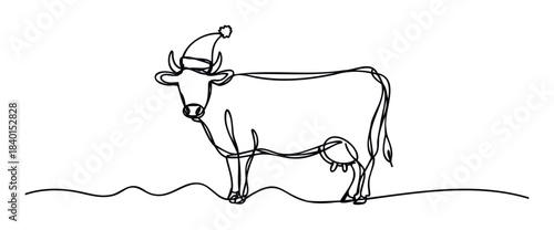 Single line drawing of a cow wearing a Santa hat and standing on wavy ground, perfect for festive greetings and winter holiday promotions.