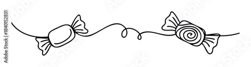 Line art celebration of sweet treats with candies connected by a flowing ribbon for festive occasions and joyful announcements, perfect for party invitations and holiday decorations.