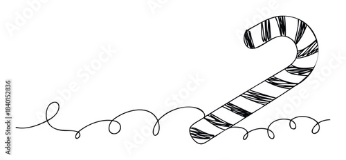 Simple black and white line drawing of a candy cane with swirling lines, perfect for holiday promotions and festive greetings.