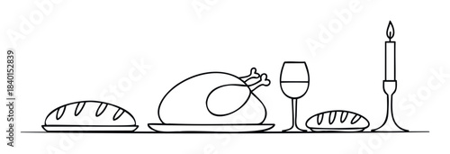 Simple line drawing of a festive holiday meal featuring a roasted chicken, bread, wine glass, and a lit candle, perfect for celebratory occasions and seasonal promotions.